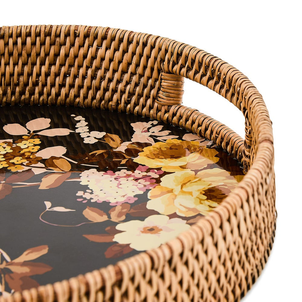 Ratanový, smaltovaný servírovací tác MacKenzie-Childs Wild Rose hnědý