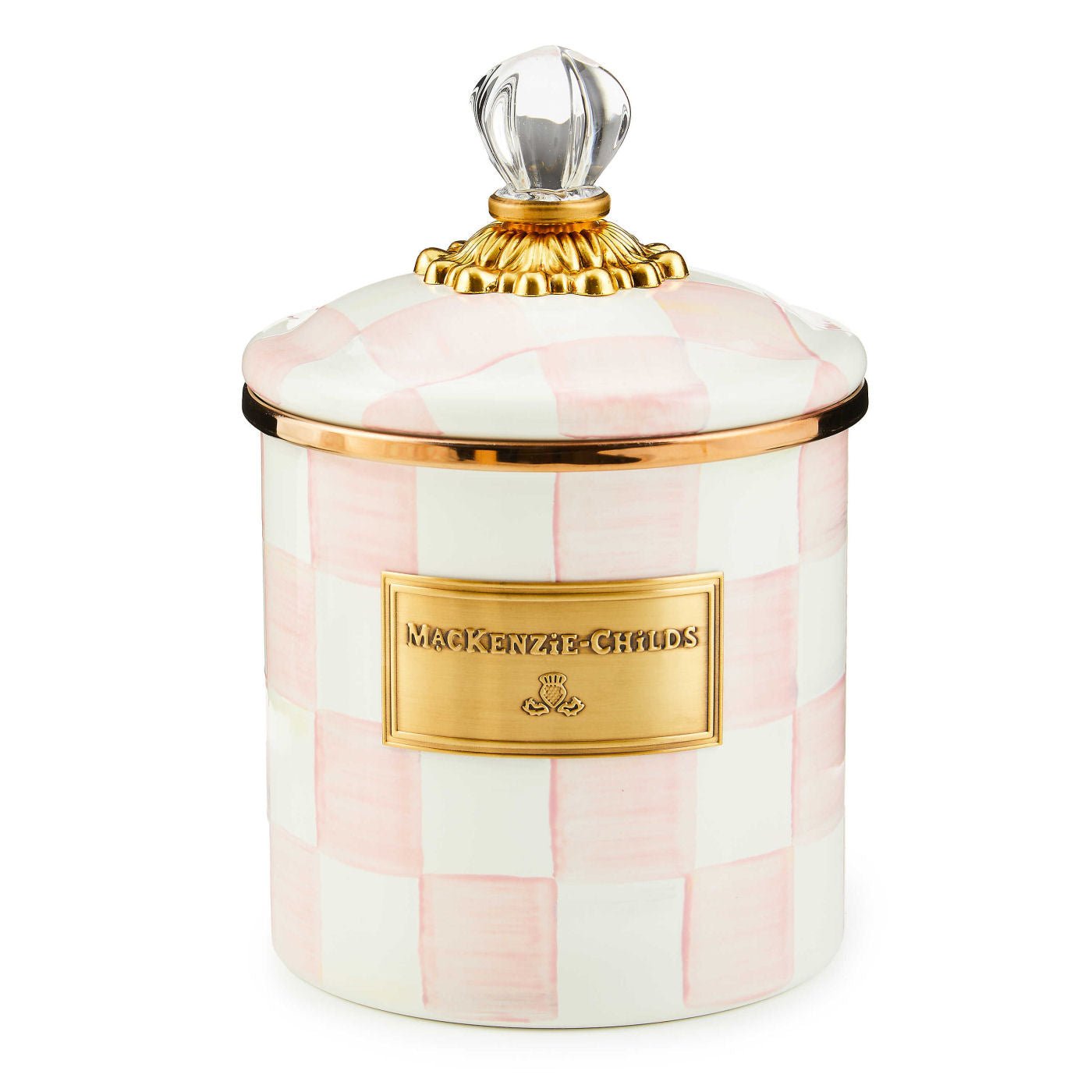 MacKenzie-Childs Malá dóza Rosy Check, smaltovaná ocel, růžový vzor, 1.12 L, Waterfall Bathrooms