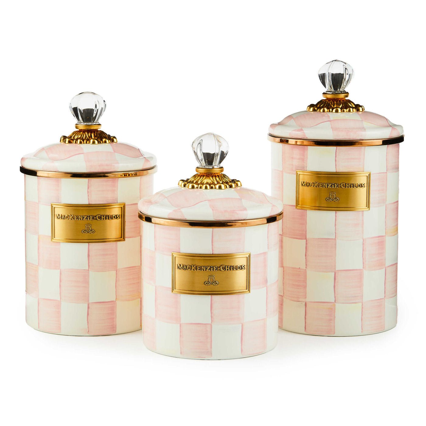 MacKenzie-Childs Malá dóza Rosy Check, smaltovaná ocel, růžový vzor, 1.12 L, Waterfall Bathrooms