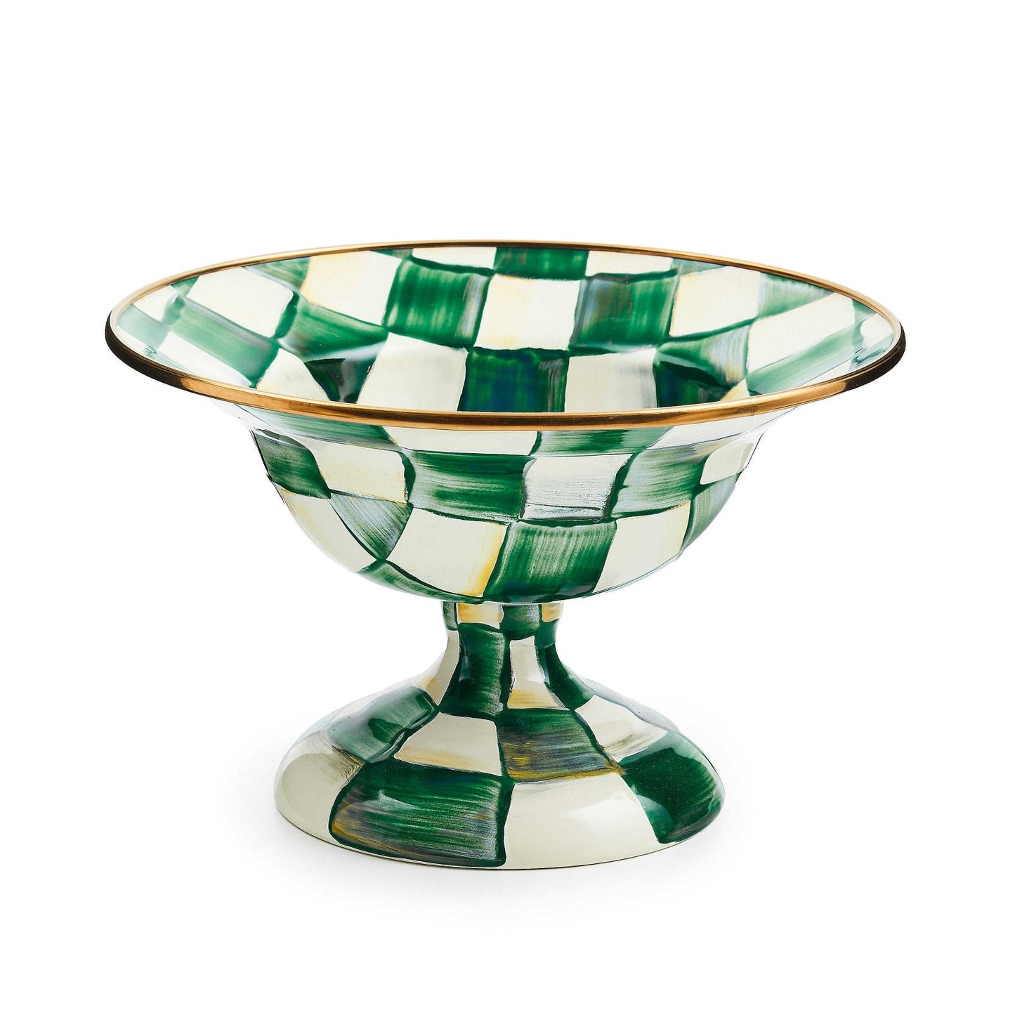 Malá kompotová mísa Emerald Check od MacKenzie-Childs se zeleným kostkovaným vzorem, Waterfall Bathrooms.

