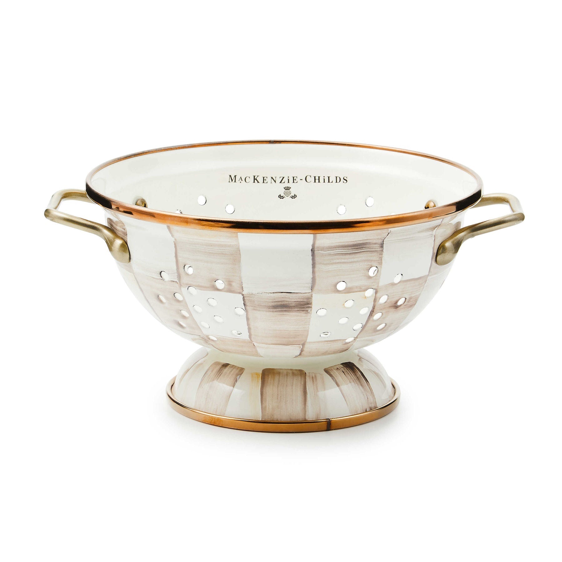 Designový malý ocelový cedník s ručně malovaným kávovým vzorem a mosaznými úchyty Mocha Check Small Colander MacKenzie-Childs Waterfall Bathrooms