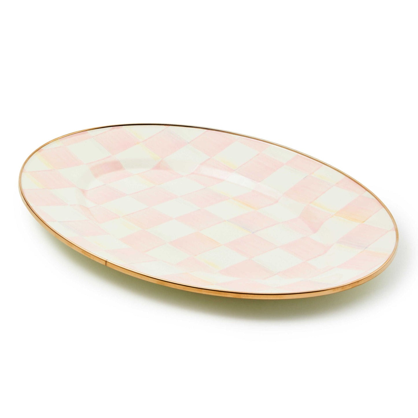 Malý oválný tác Rosy Check od MacKenzie-Childs, ručně malované růžové kostičky, robustní ocel, bronzový lem, Waterfall Bathrooms.
