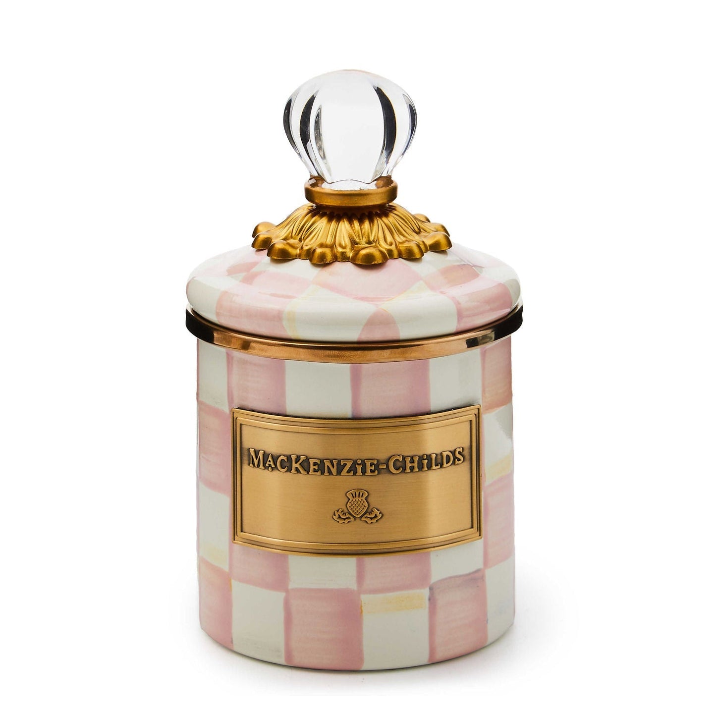 Mini kuchyňská dóza Rosy Check od MacKenzie-Childs, s růžovým kostkovaným vzorem a skleněným knoflíkem, Waterfall Bathrooms.
