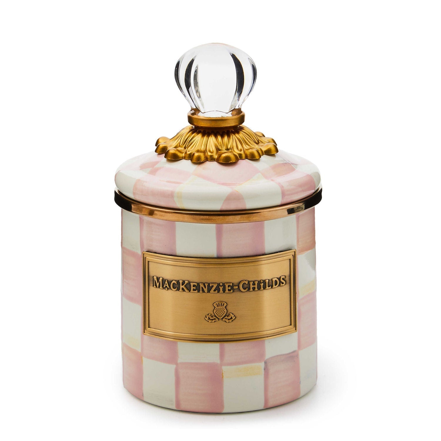 Mini kuchyňská dóza Rosy Check od MacKenzie-Childs, s růžovým kostkovaným vzorem a skleněným knoflíkem, Waterfall Bathrooms.
