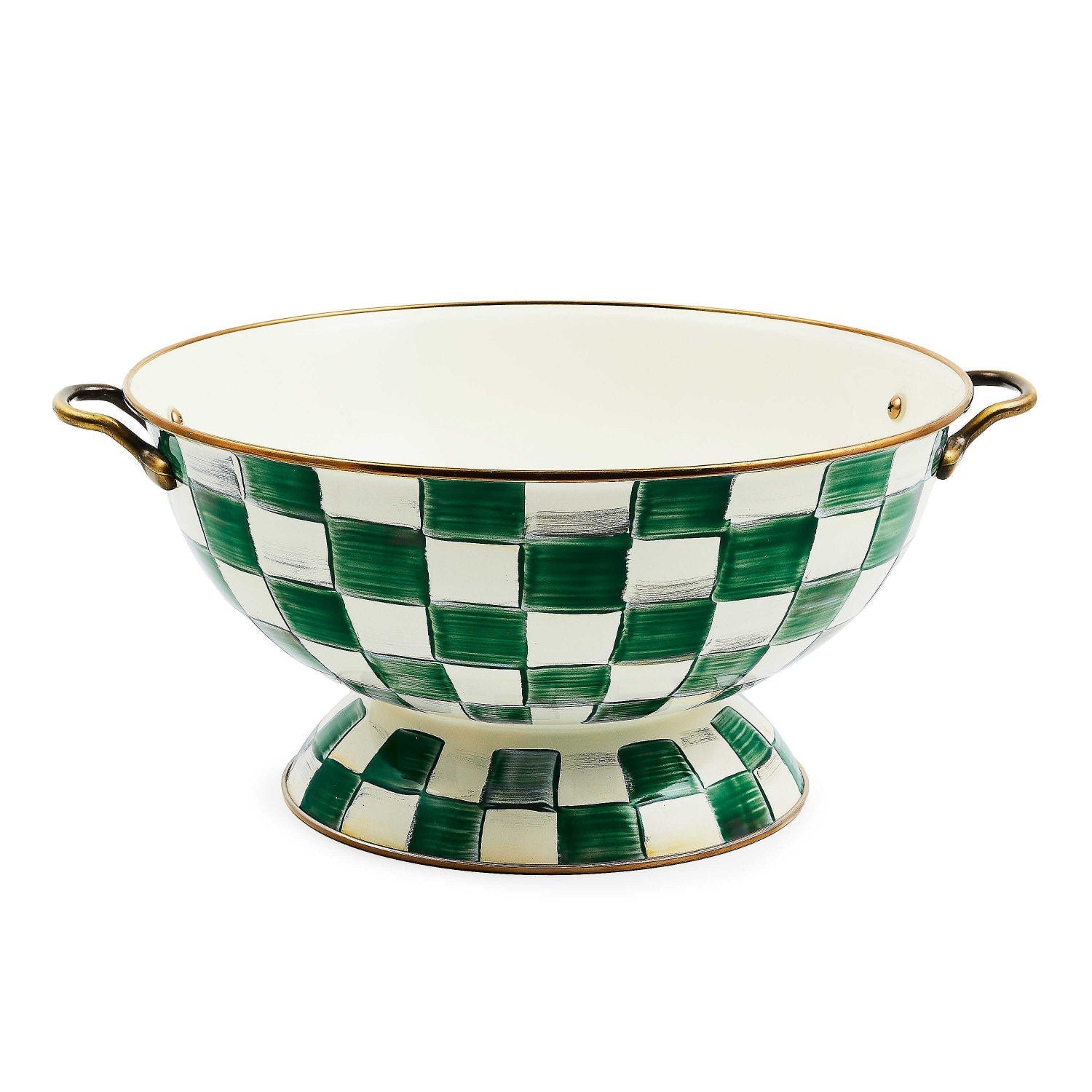 MacKenzie-Childs Mísa Everything Emerald Check, smaltovaná ocel, zelené kostky, mosazné rukojeti, Waterfall Bathrooms