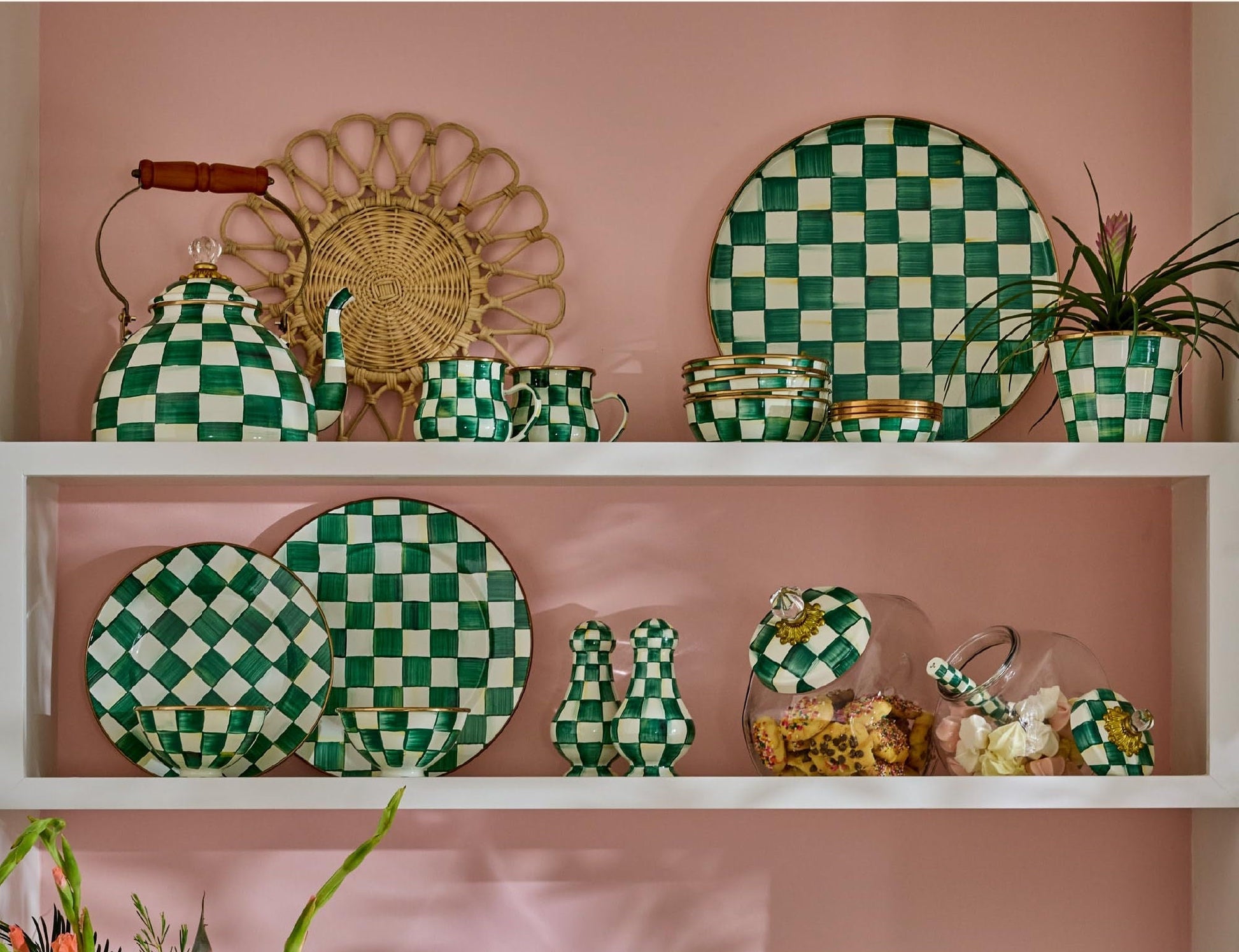 MacKenzie-Childs Miska Everyday Emerald Check, smaltovaná ocel, zelené kostky, Waterfall Bathrooms