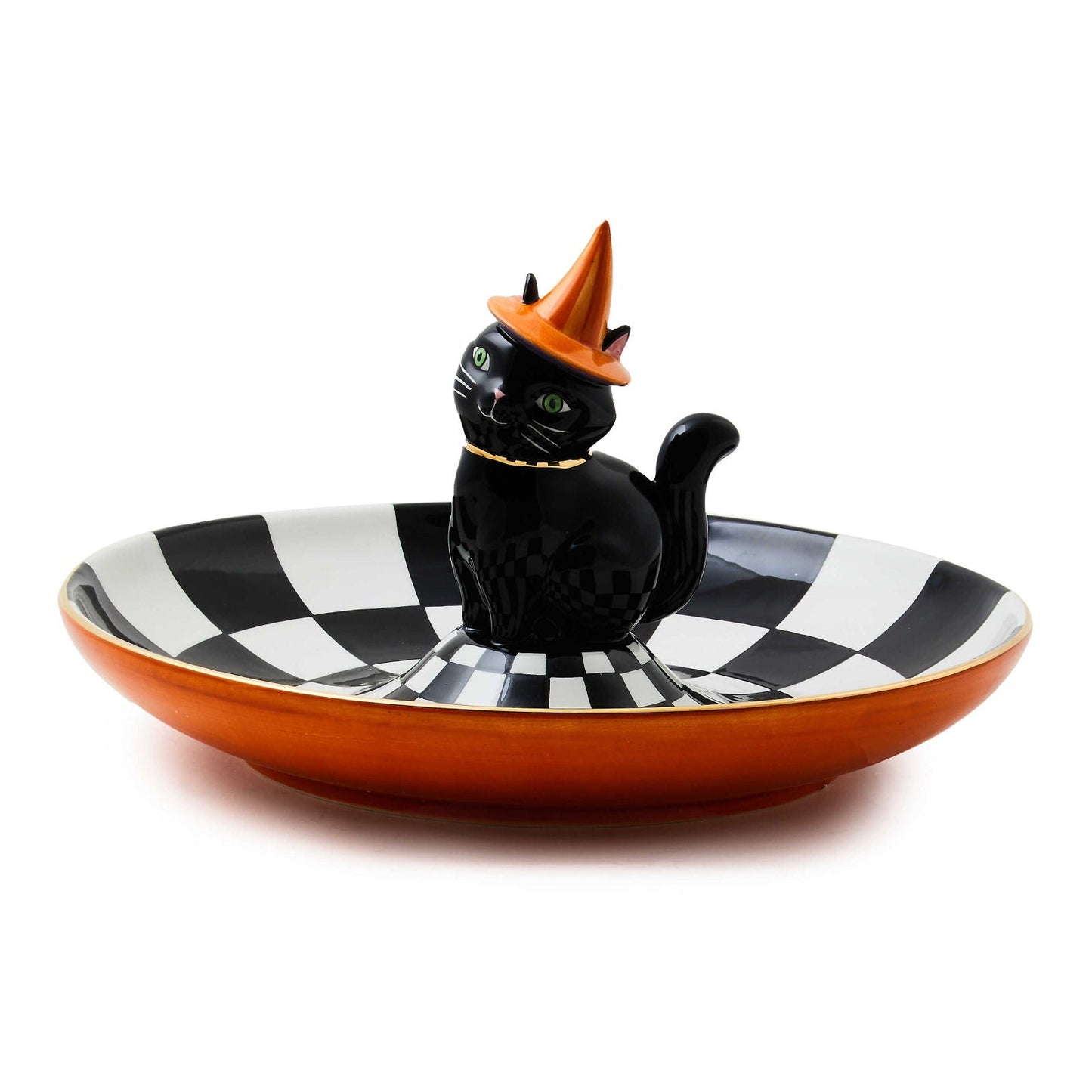 Miska na sladkosti Trick or Treat Cat Check od MacKenzie-Childs, s černou kočkou na kostkovaném podkladu a zlatým lemováním, Waterfall Bathrooms.
