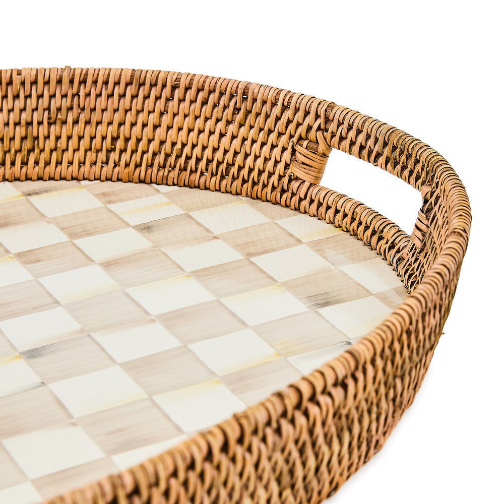Smaltované ratanové servírovací tácy MacKenzie-Childs Mocha Check detail, zahradní