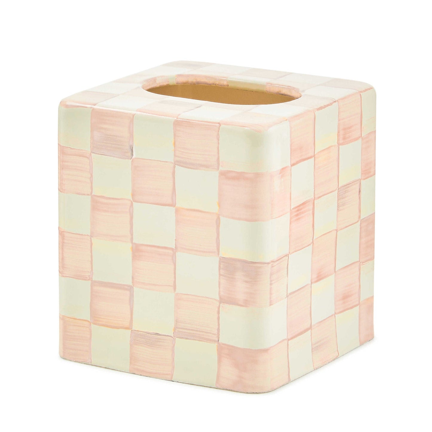 Obal na kapesníky Rosy Check Boutique od MacKenzie-Childs, ručně malovaný, růžový kostkovaný vzor, Waterfall Bathrooms.
