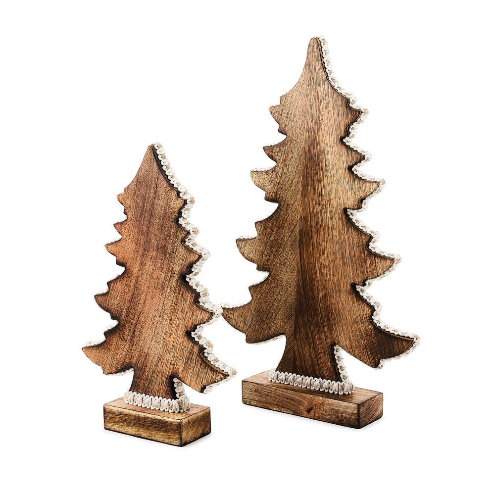 Sada 2 dekorativních stromů Mocha Check Forest Trees od MacKenzie-Childs, dřevěné siluety s hnědo-bílým kostkovaným vzorem Mocha Check, Waterfall Bathrooms.