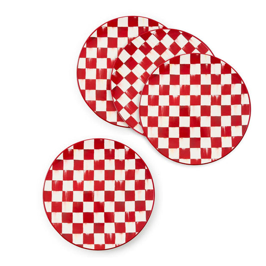 Sada 4 jídelních talířů Cherry Check od MacKenzie-Childs, kamenina, s červeným kostkovaným vzorem, Waterfall Bathrooms.