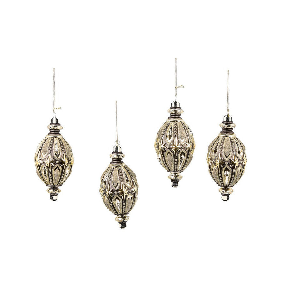 Sada 4 vánočních skleněných ozdob Courtly Noel Teardrop, zdobené složitým designem inspirovaným Fabergého vejce, Waterfall Bathrooms.