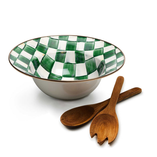 MacKenzie-Childs Sada na servírování salátu Emerald Check, smaltovaná mísa a dřevěný příbor, zelené kostky, Waterfall Bathrooms
