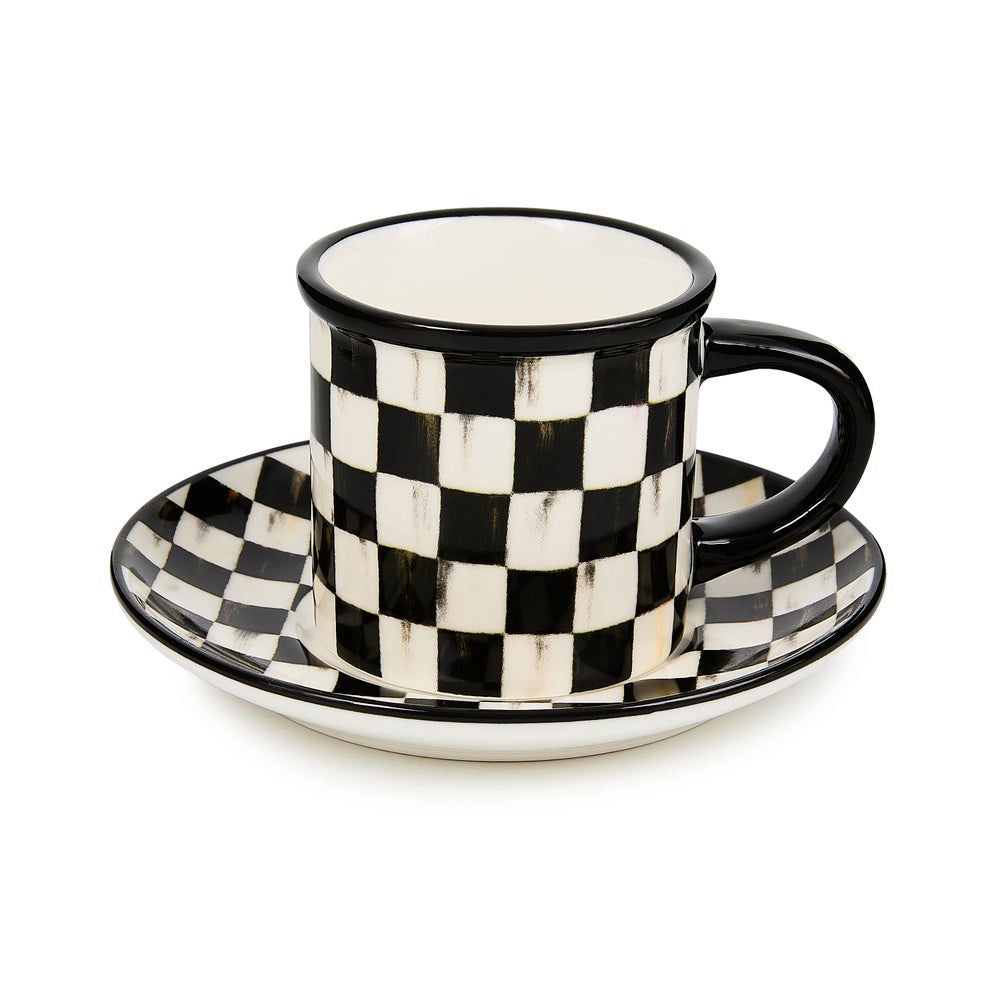 MacKenzie-Childs Sada šálků a podšálků na espresso Courtly Check, 2 ks, kamenina, černobílý vzor, 119 ml, Waterfall Bathrooms
