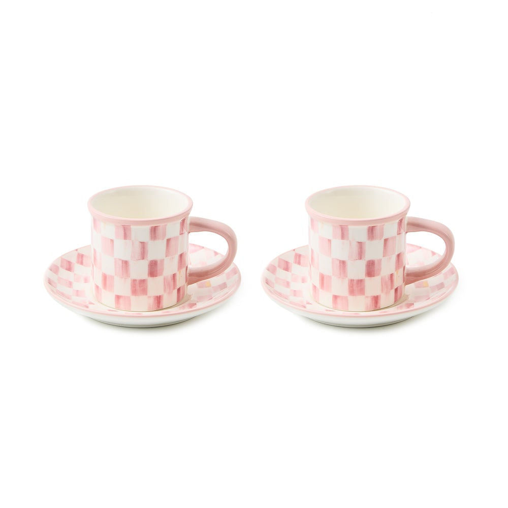 MacKenzie-Childs Sada šálků a podšálků na espresso Rosy Check, 2 ks, kamenina, růžový vzor, 119 ml, Waterfall Bathrooms