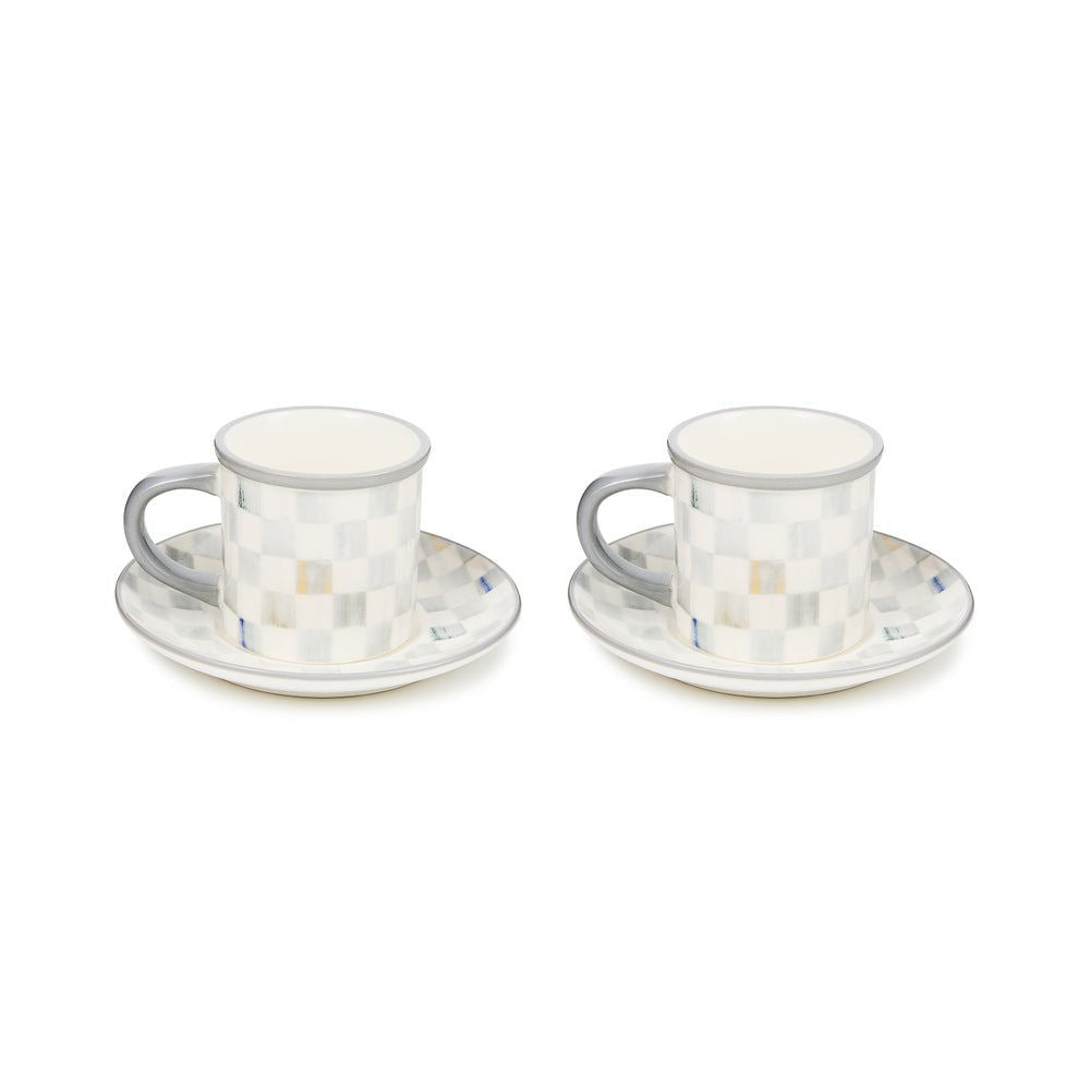 MacKenzie-Childs Sada šálků a podšálků na espresso Sterling Check, 2 ks, kamenina, šedý vzor, 119 ml, Waterfall Bathrooms