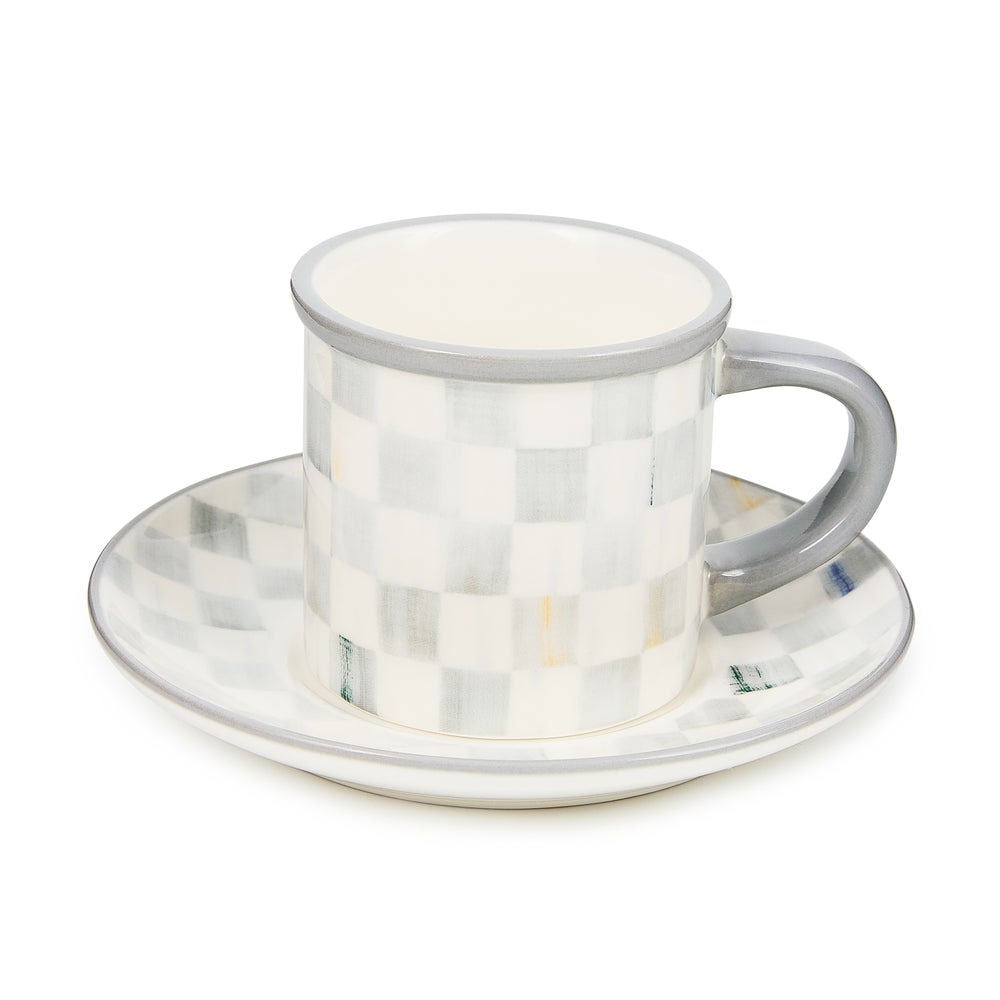 MacKenzie-Childs Sada šálků a podšálků na espresso Sterling Check, 2 ks, kamenina, šedý vzor, 119 ml, Waterfall Bathrooms