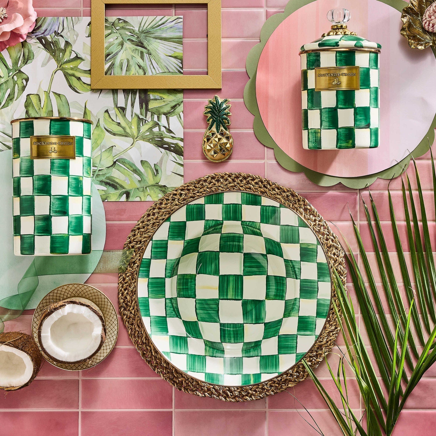 MacKenzie-Childs Servírovací mísa Emerald Check, smaltovaná ocel, zelené kostky, Waterfall Bathrooms