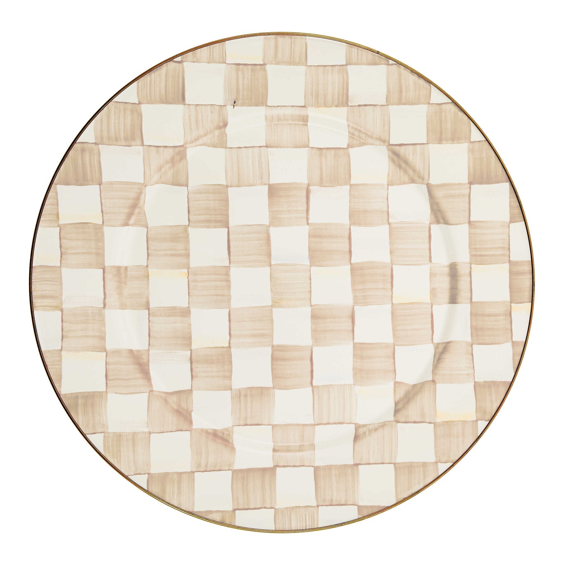 Velký ručně malovaný ocelový podnos s kávovými kostkami a bronzovým okrajem Mocha Check Serving Platter MacKenzie-Childs Waterfall Bathrooms