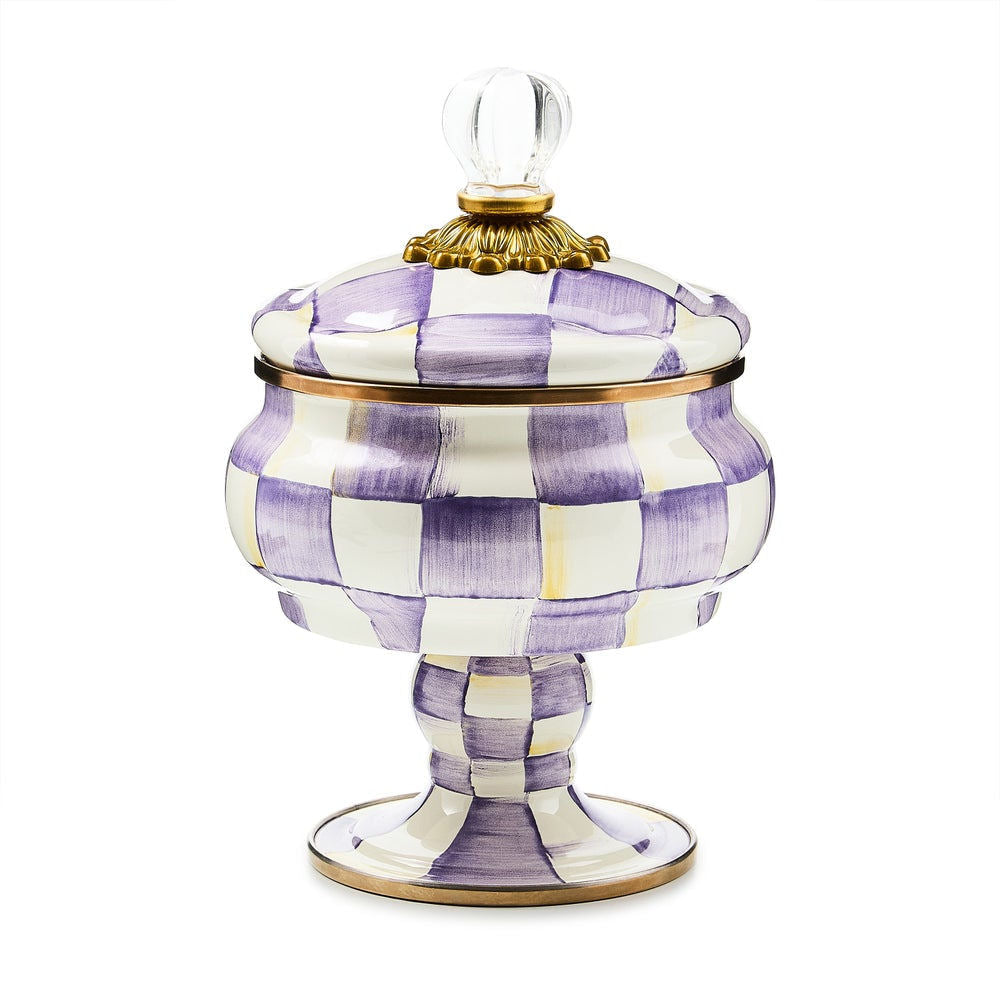 Luxusní smaltovaná dóza na nožce Violet Check Curiosity Pot MacKenzie-Childs s fialovým vzorem Waterfall Bathrooms