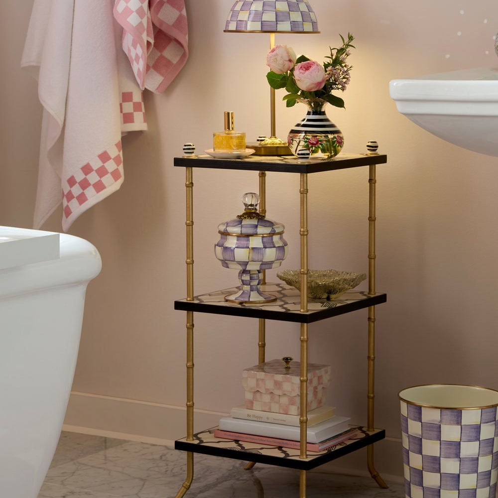 Luxusní smaltovaná dóza na nožce Violet Check Curiosity Pot MacKenzie-Childs s fialovým vzorem Waterfall Bathrooms