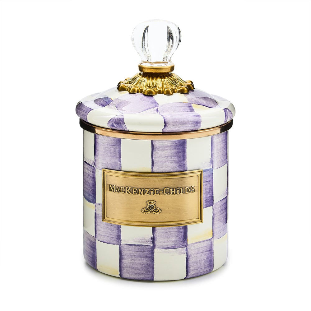 Malá smaltovaná dóza Violet Check Demi Canister MacKenzie-Childs s fialovo-bílým kostkovaným vzorem Waterfall Bathrooms