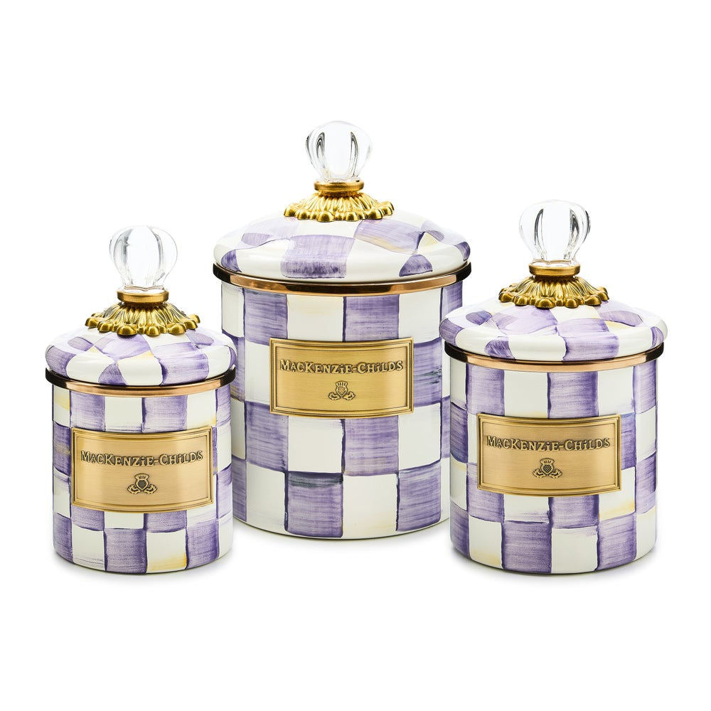 Malá smaltovaná dóza Violet Check Demi Canister MacKenzie-Childs s fialovo-bílým kostkovaným vzorem Waterfall Bathrooms
