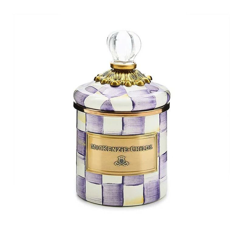 Malinká smaltovaná dóza Violet Check Mini Canister MacKenzie-Childs s fialovo-bílým kostkovaným vzorem Waterfall Bathrooms