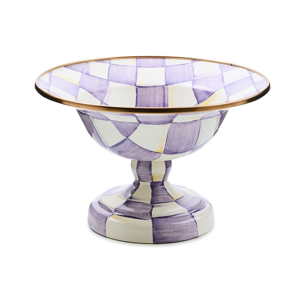 Luxusní fialovo-bílá smaltovaná mísa na nožce Violet Check Small od MacKenzie-Childs s bronzovým okrajem Waterfall Bathrooms
