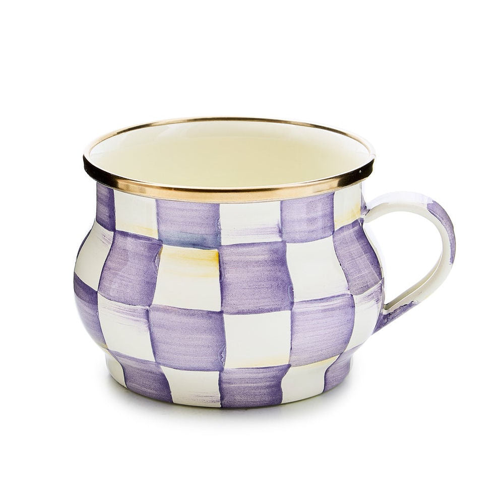 Luxusní fialovo-bílý smaltovaný šálek na čaj a kávu Violet Check MacKenzie-Childs Waterfall Bathrooms