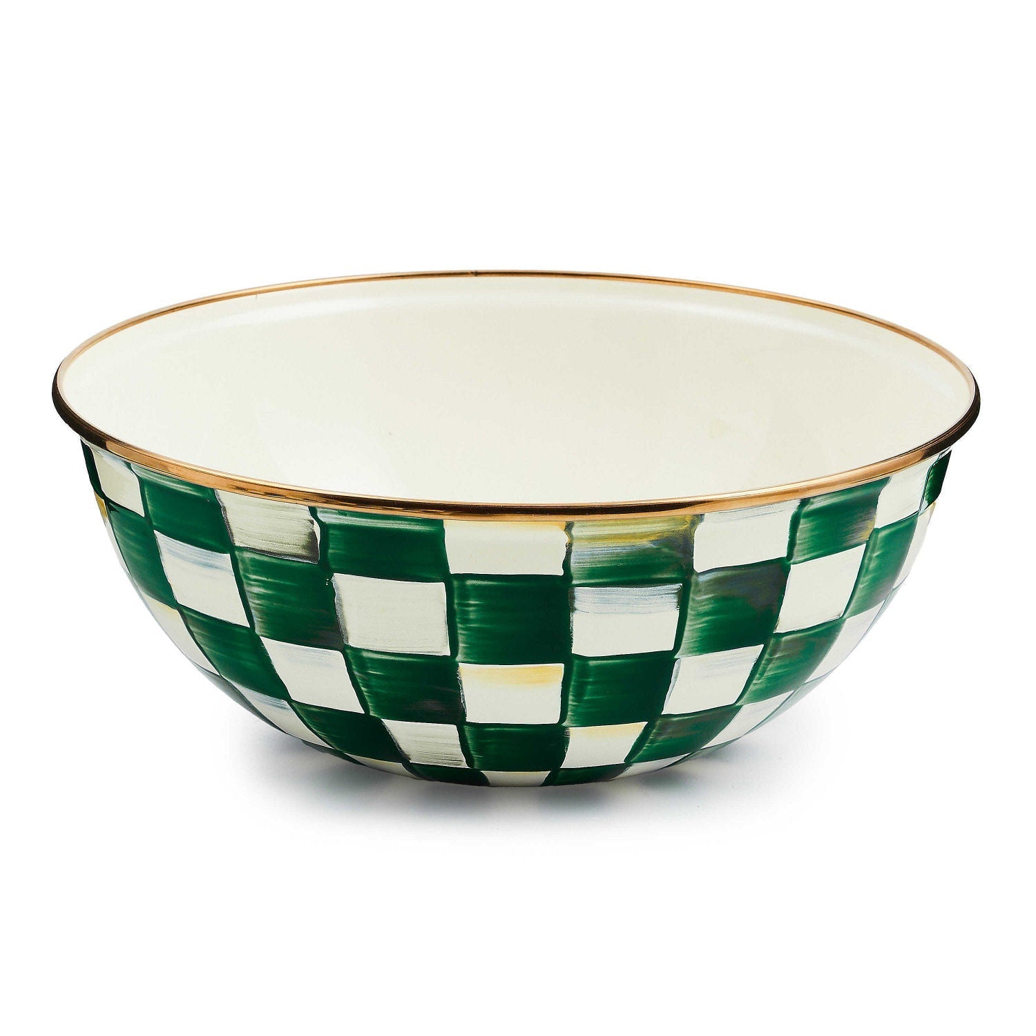 Střední smaltovaná miska Emerald Check od MacKenzie-Childs se zeleným kostkovaným vzorem, Waterfall Bathrooms.