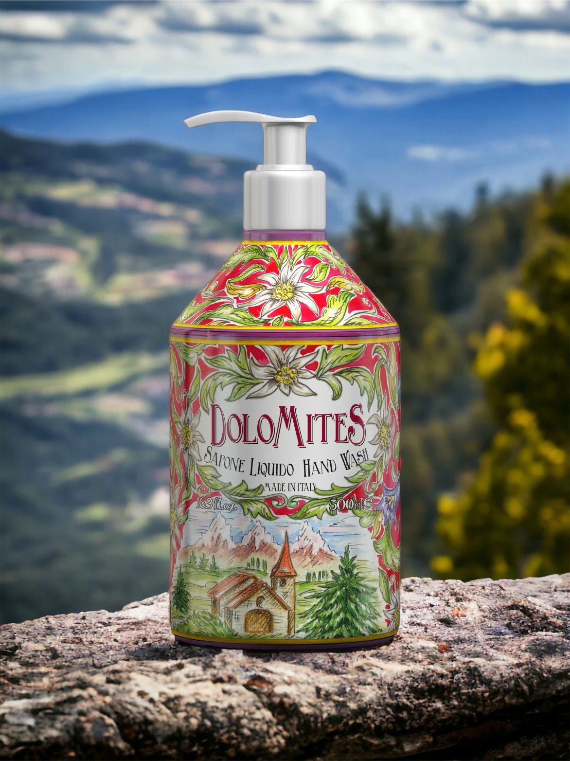 Tekuté mýdlo na ruce Rudy Profumi Dolomites, s vůní Malinových Listů, Dřeva a Ambry, 500 ml, Waterfall Bathrooms.