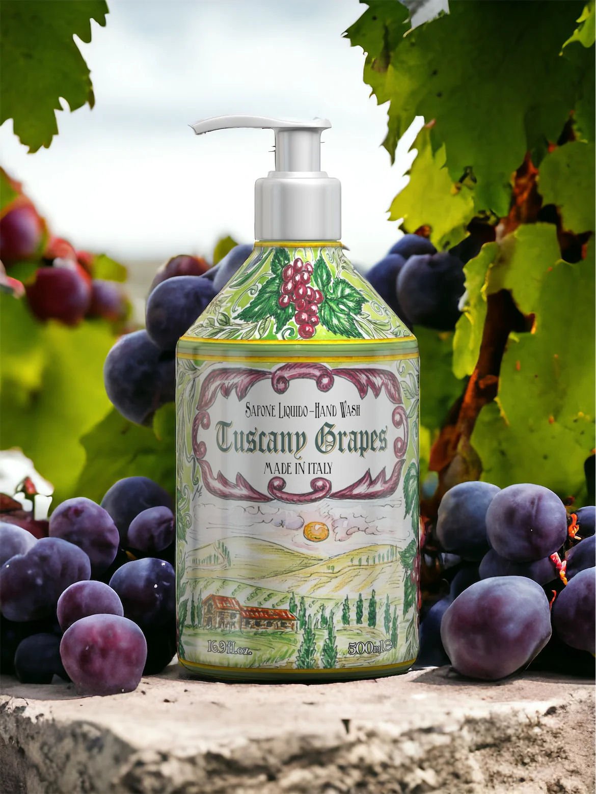 Tekuté mýdlo na ruce Rudy Profumi Tuscany Grapes, s vůní Hroznů a Vinné Révy, 500 ml, Waterfall Bathrooms.