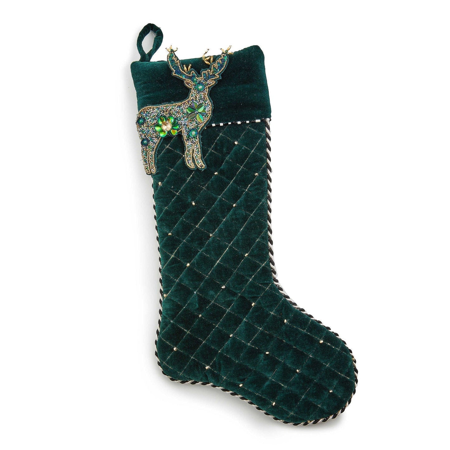 MacKenzie-Childs Vánoční punčocha Emerald Beaded Deer, smaragdový samet, korálkový jelen, 55.88 cm, Waterfall Bathrooms