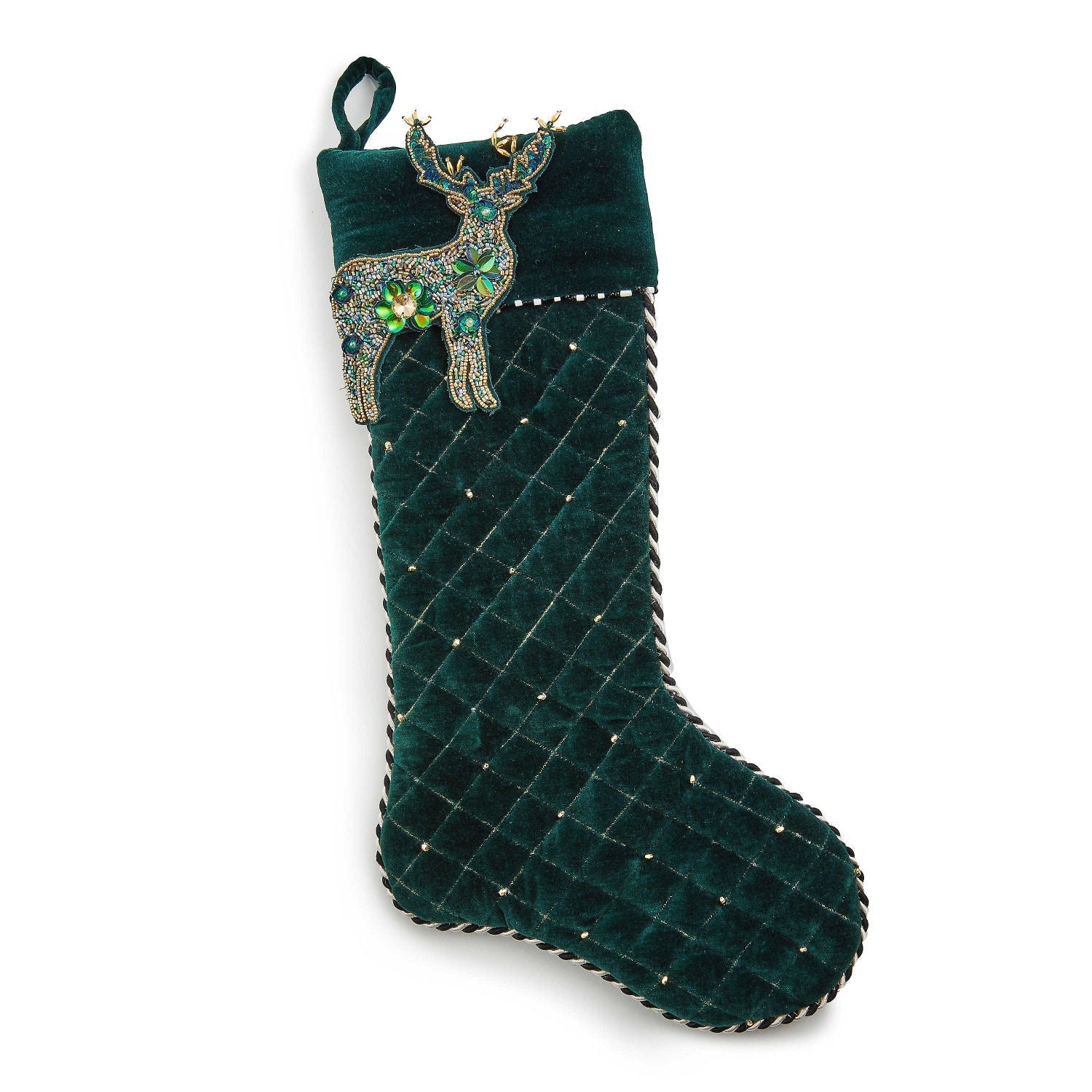 MacKenzie-Childs Vánoční punčocha Emerald Beaded Deer, smaragdový samet, korálkový jelen, 55.88 cm, Waterfall Bathrooms