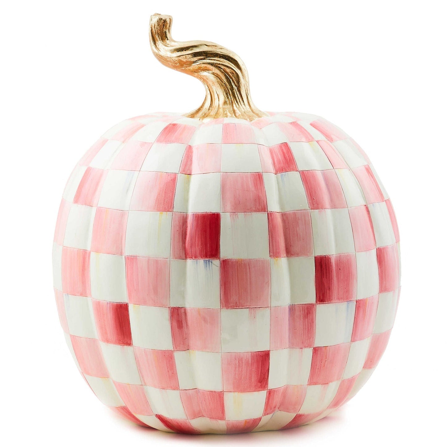 Velká dýně Bubblegum Pink Check od MacKenzie-Childs, ručně malovaná růžovým kostkovaným vzorem se zlatým stonkem, Waterfall Bathrooms.
