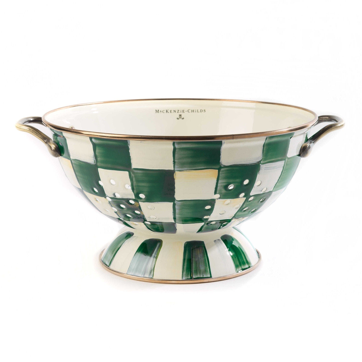 MacKenzie-Childs Velký cedník Emerald Check, smaltovaná ocel, zelené kostky, mosazné rukojeti, Waterfall Bathrooms