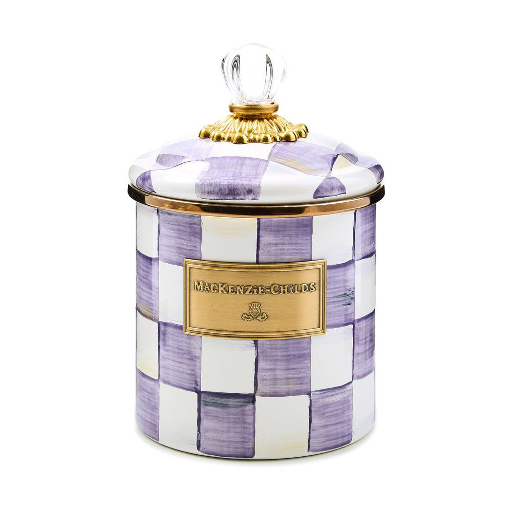 Ručně malovaná smaltovaná dóza MacKenzie-Childs Violet Check s fialovou šachovnicí a skleněnou úchytkou.