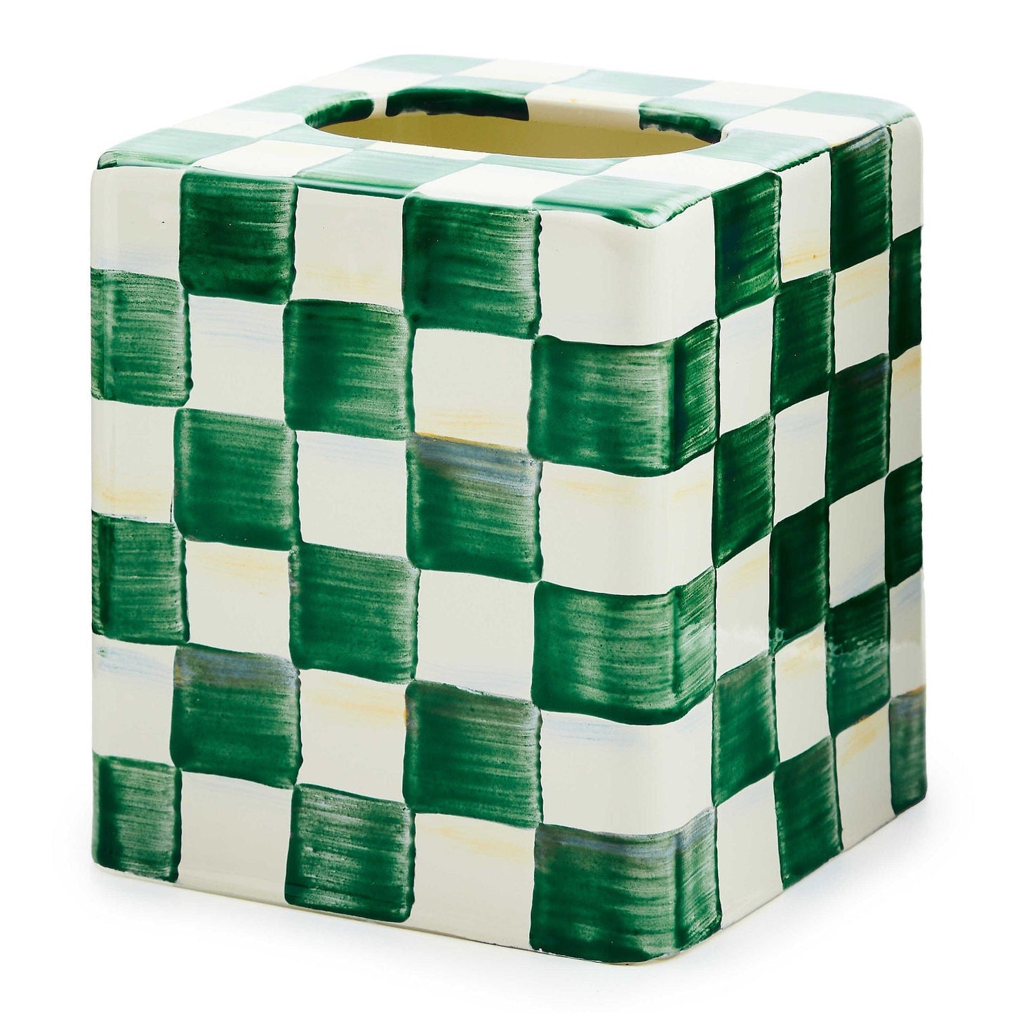 Zásobník na kapesníky Emerald Check od MacKenzie-Childs, zelený kostkovaný vzor, smaltovaná ocel, Waterfall Bathrooms.