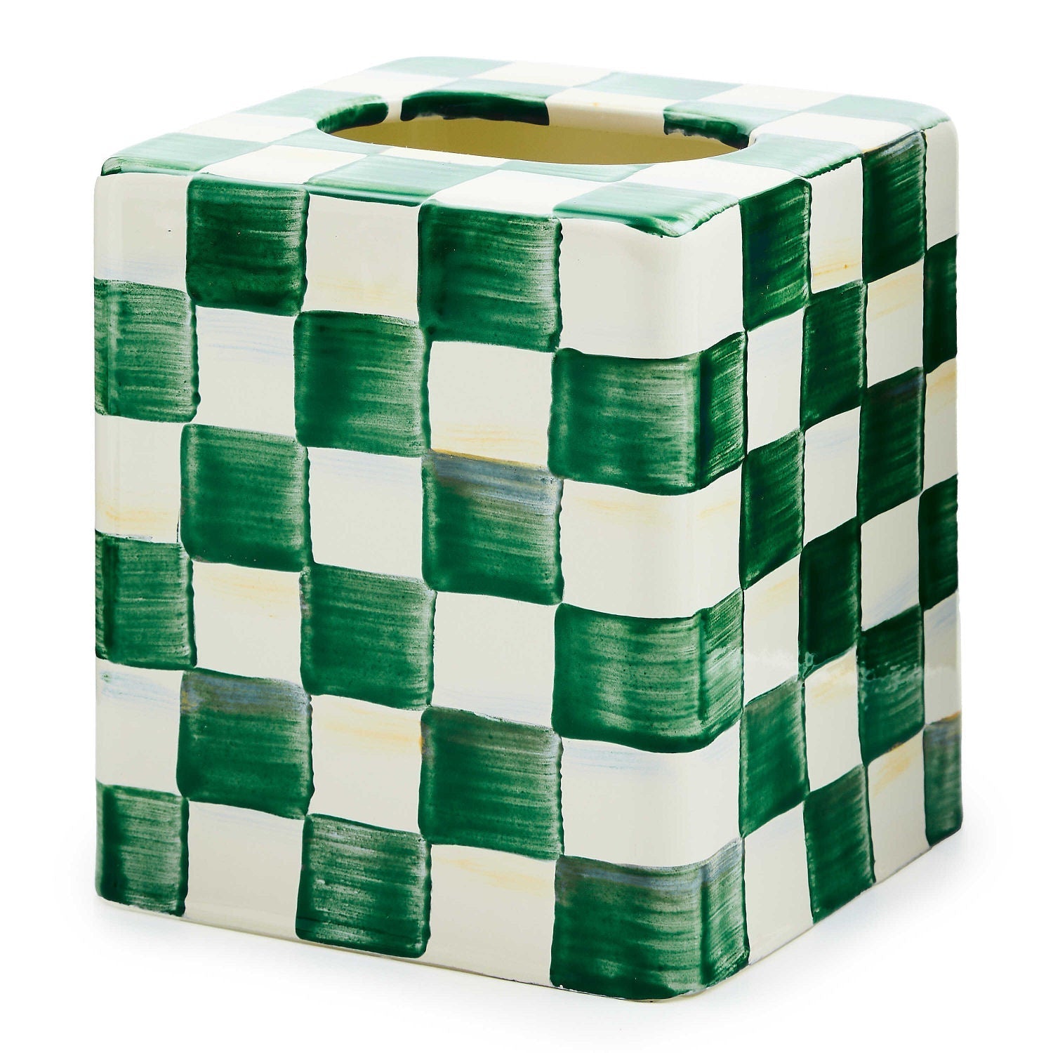Zásobník na kapesníky Emerald Check od MacKenzie-Childs, zelený kostkovaný vzor, smaltovaná ocel, Waterfall Bathrooms.