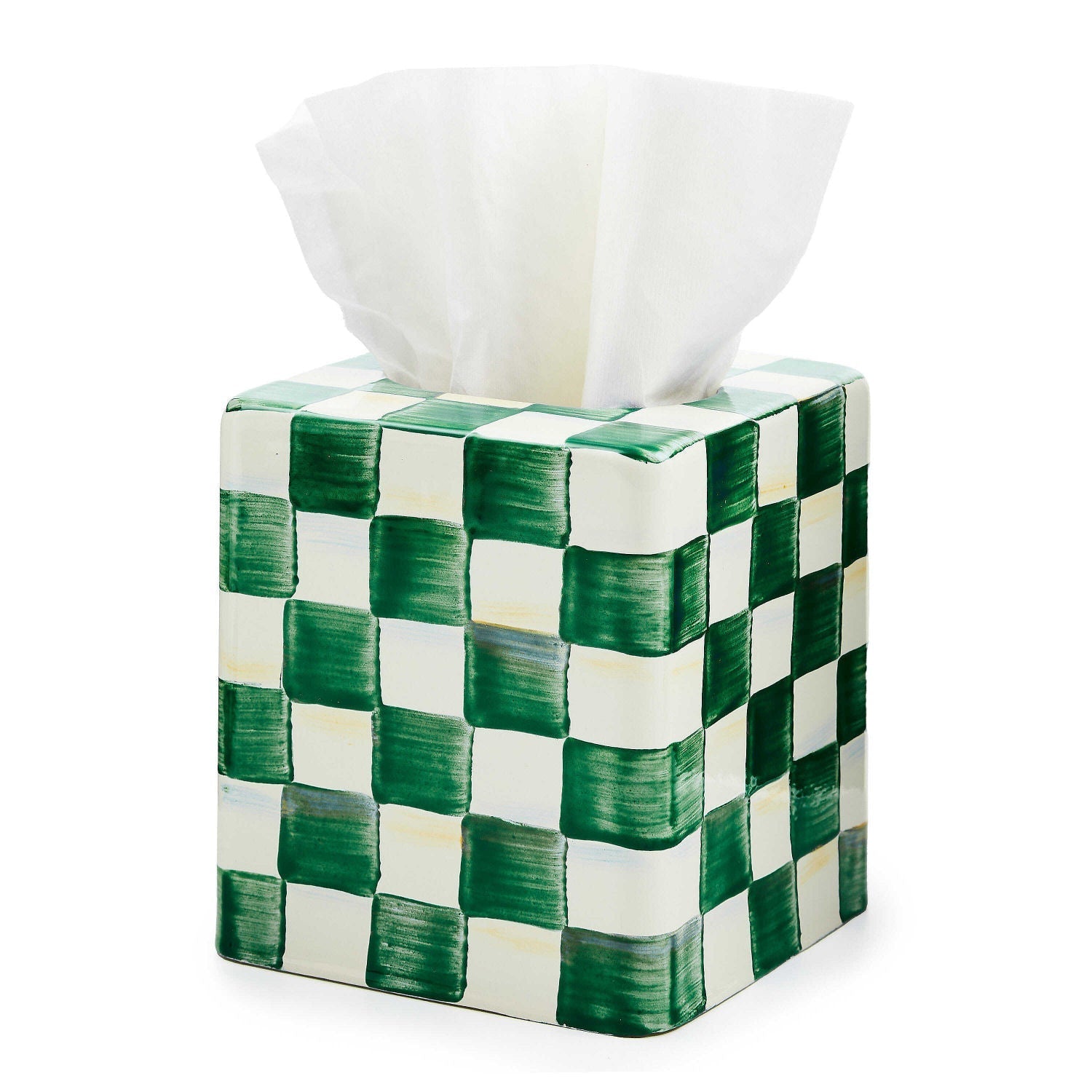 Zásobník na kapesníky Emerald Check od MacKenzie-Childs, zelený kostkovaný vzor, smaltovaná ocel, Waterfall Bathrooms.