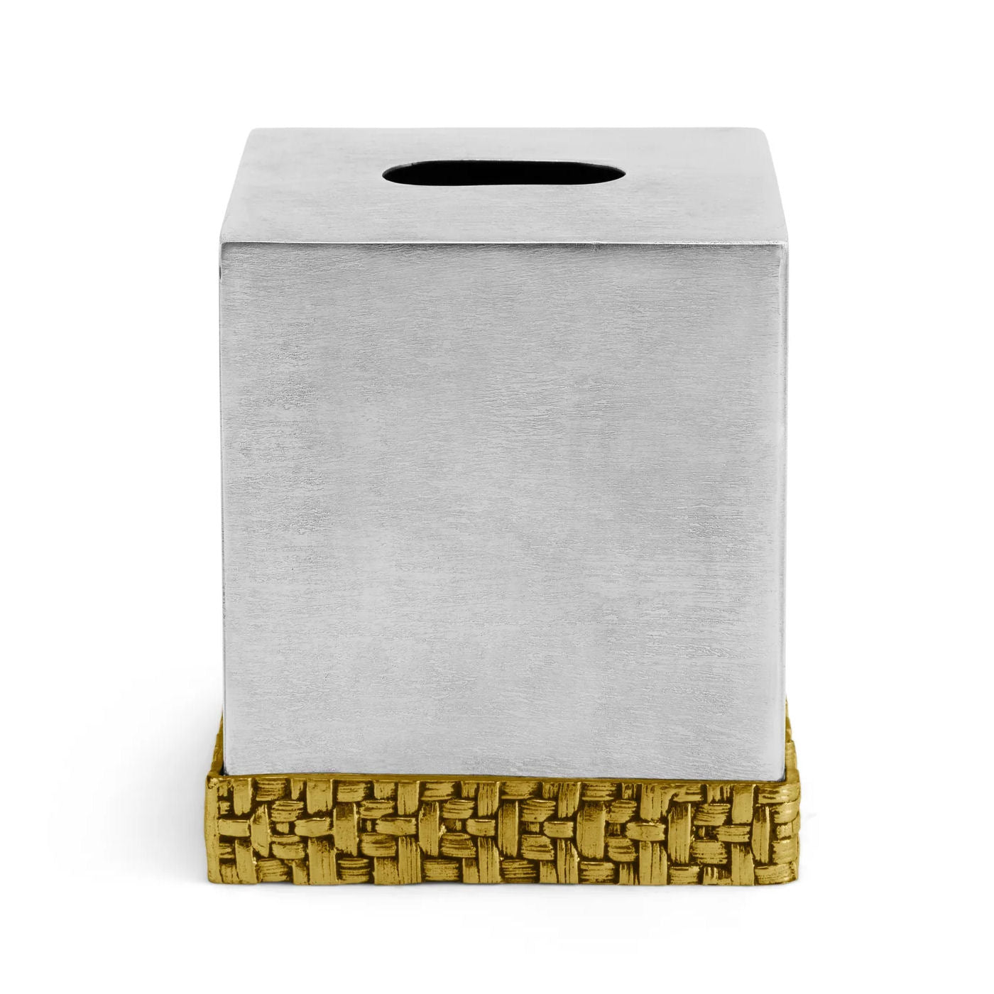 Zásobník na papírové kapesníky Palm od Michael Aram z ručně texturované nerezové oceli a zlatého laku, s motivem palmových listů, Waterfall Bathrooms.
