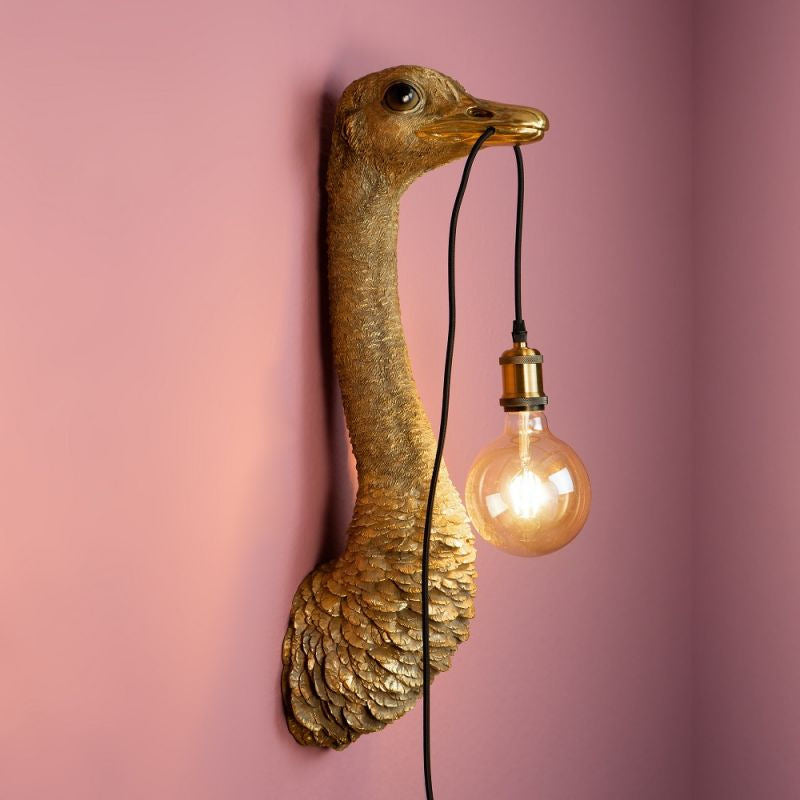 Nástěnná designová lampa na zeď pštros Franz Josef, zlatá