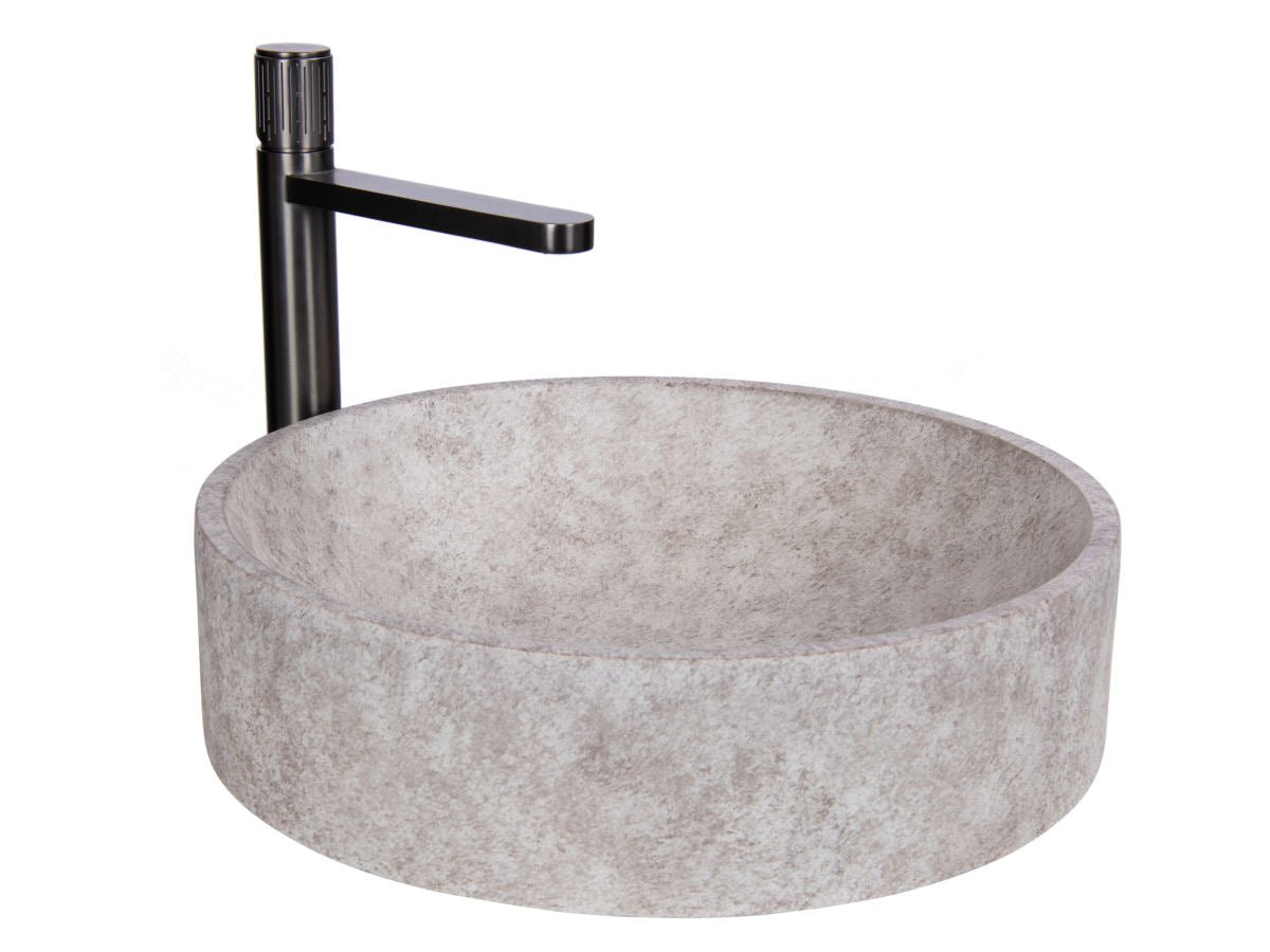 Designový set béžového betonového umyvadla a vysoké baterie Gun Metal Waterfall Bathrooms