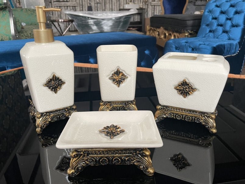 Broken Design Ivory Color Ceramic 4pcs Bathroom Accessories Set - |VESIMI Design| Luxury and Rustic bathrooms online