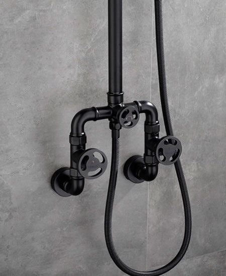 Černý matný industriální sprchový set s ventilovými kohoutky a hlavovou sprchou Waterfall Bathrooms