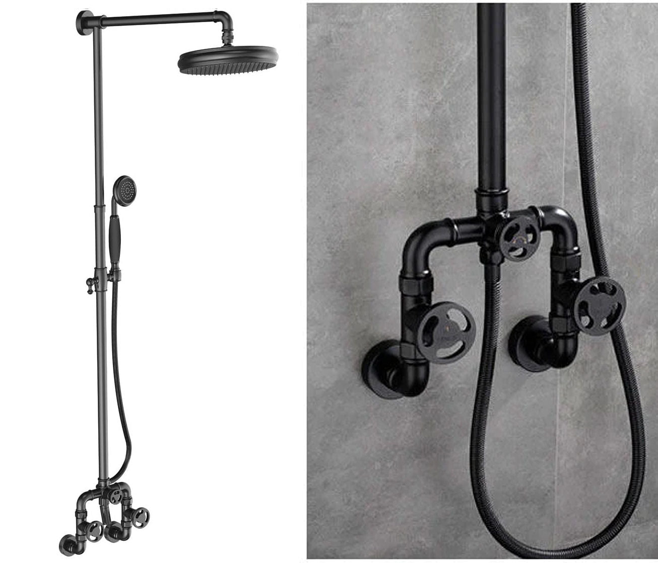 Černý matný industriální sprchový set s ventilovými kohoutky a hlavovou sprchou Waterfall Bathrooms