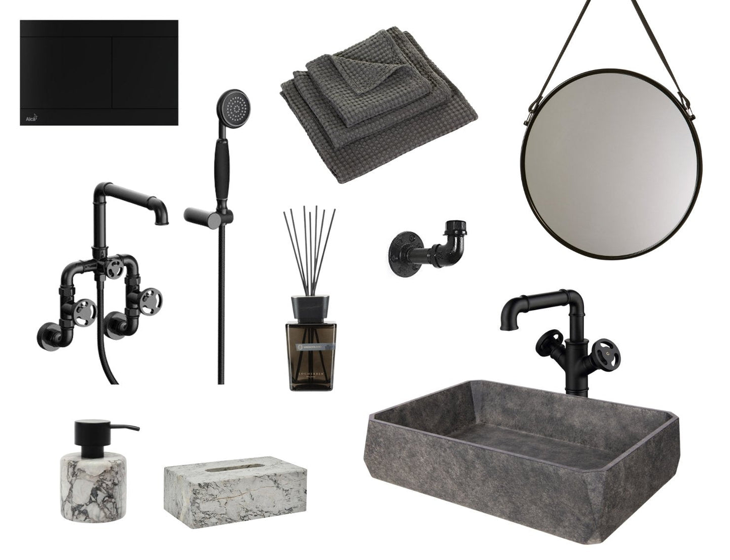 Černý matný industriální sprchový set s ventilovými kohoutky a hlavovou sprchou Waterfall Bathrooms