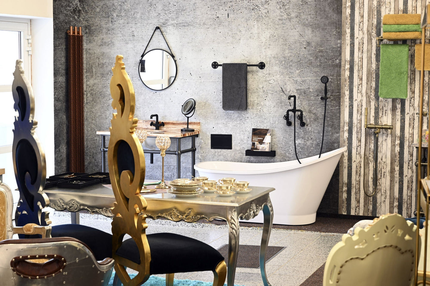 Černá matná kohoutková umyvadlová baterie v industriálním stylu s ventilovými koly Waterfall Bathrooms