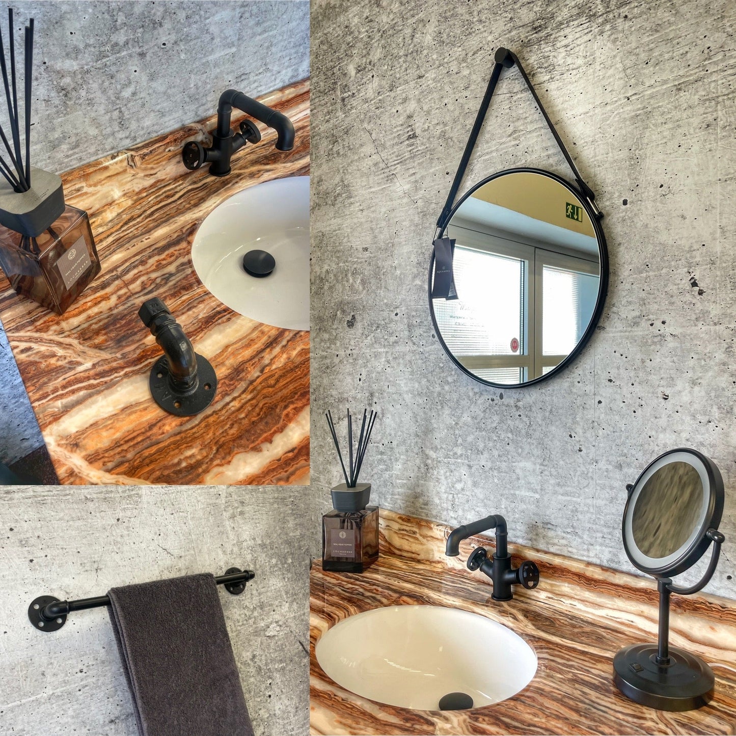 Černá matná kohoutková umyvadlová baterie v industriálním stylu s ventilovými koly Waterfall Bathrooms